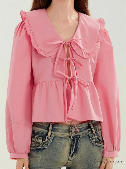 Ruffled Turn-Down Neck Tie-Up Shirt pink / S blouse-250223