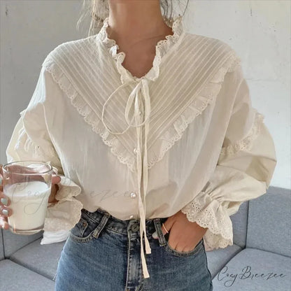 Ruffled Vintage Solid Long Sleeve Bow Crop Top blouse-250126