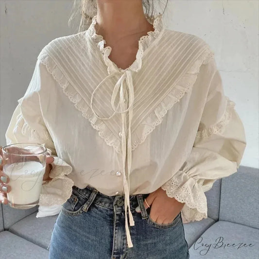 Ruffled Vintage Solid Long Sleeve Bow Crop Top blouse-250126