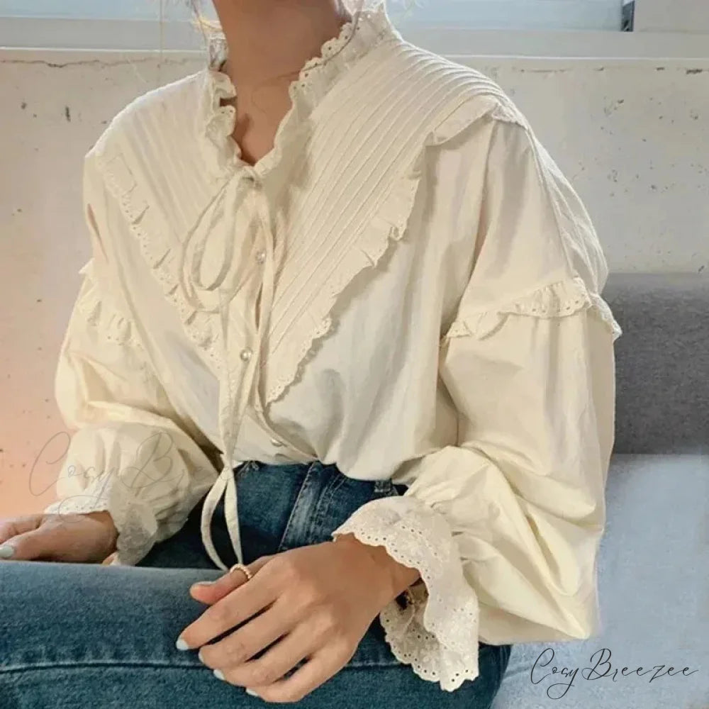 Ruffled Vintage Solid Long Sleeve Bow Crop Top blouse-250126