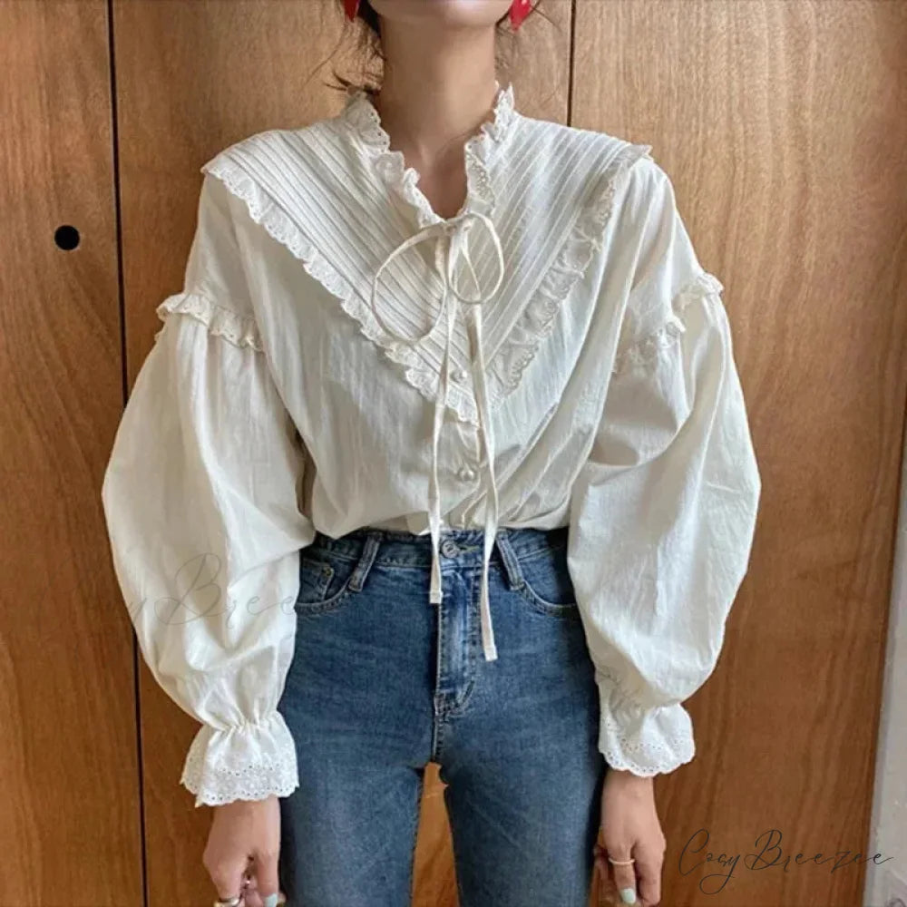 Ruffled Vintage Solid Long Sleeve Bow Crop Top blouse-250126