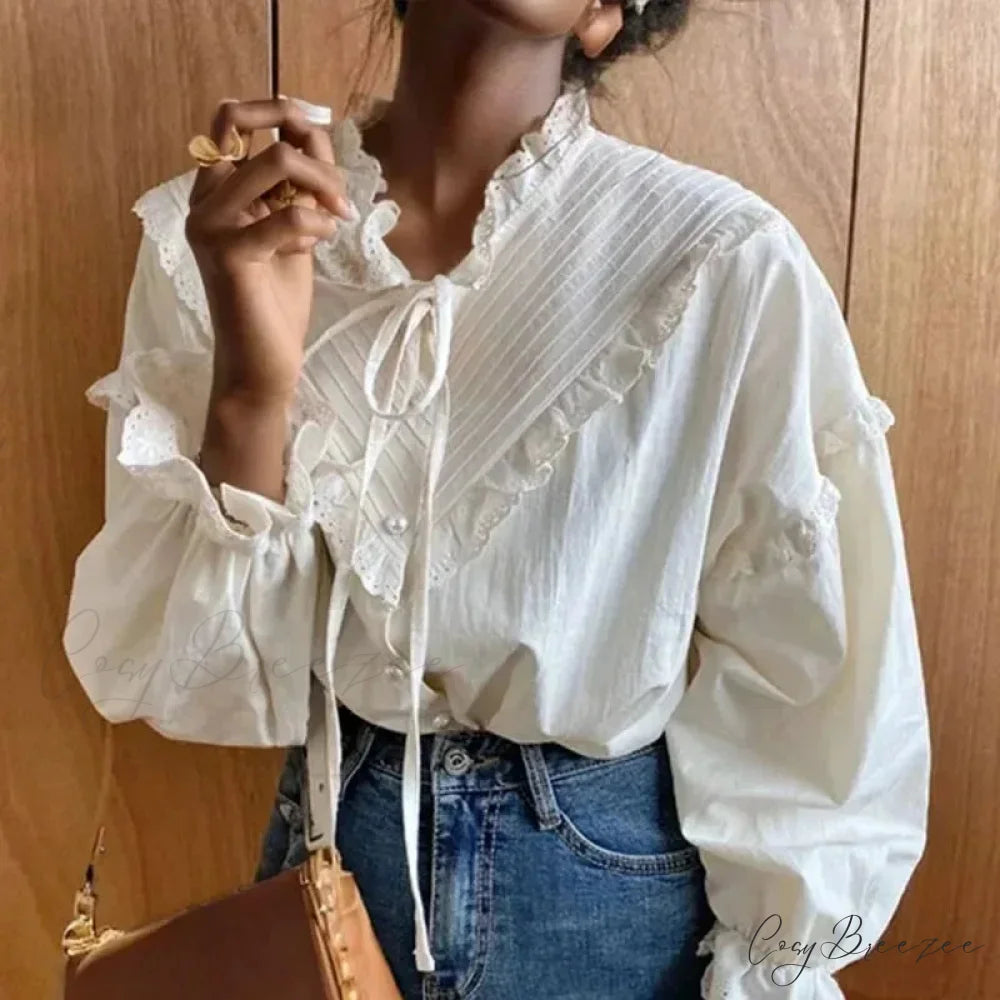 Ruffled Vintage Solid Long Sleeve Bow Crop Top WHITE / S blouse-250126
