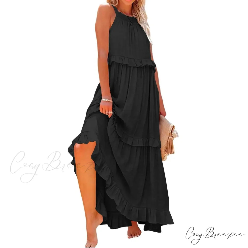 Ruffles Alluring Split Halter Sleeveless Big Hem Maxi Boho Dress black lining / S bohodress-250126