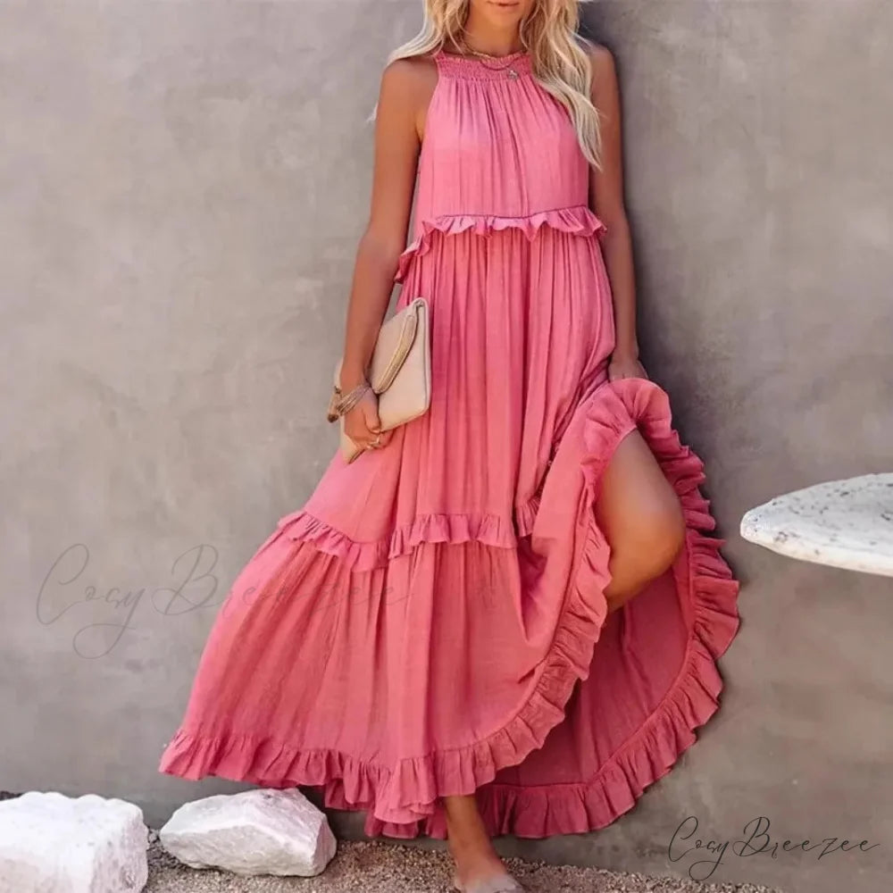 Ruffles Alluring Split Halter Sleeveless Big Hem Maxi Boho Dress bohodress-250126