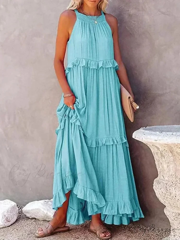 Ruffles Alluring Split Halter Sleeveless Big Hem Maxi Boho Dress bohodress-250126