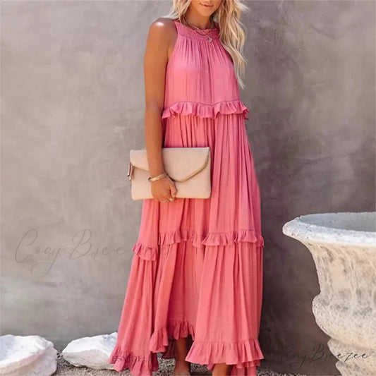 Ruffles Alluring Split Halter Sleeveless Big Hem Maxi Boho Dress bohodress-250126