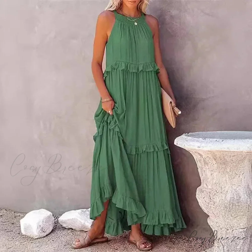 Ruffles Alluring Split Halter Sleeveless Big Hem Maxi Boho Dress bohodress-250126