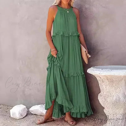 Ruffles Alluring Split Halter Sleeveless Big Hem Maxi Boho Dress bohodress-250126