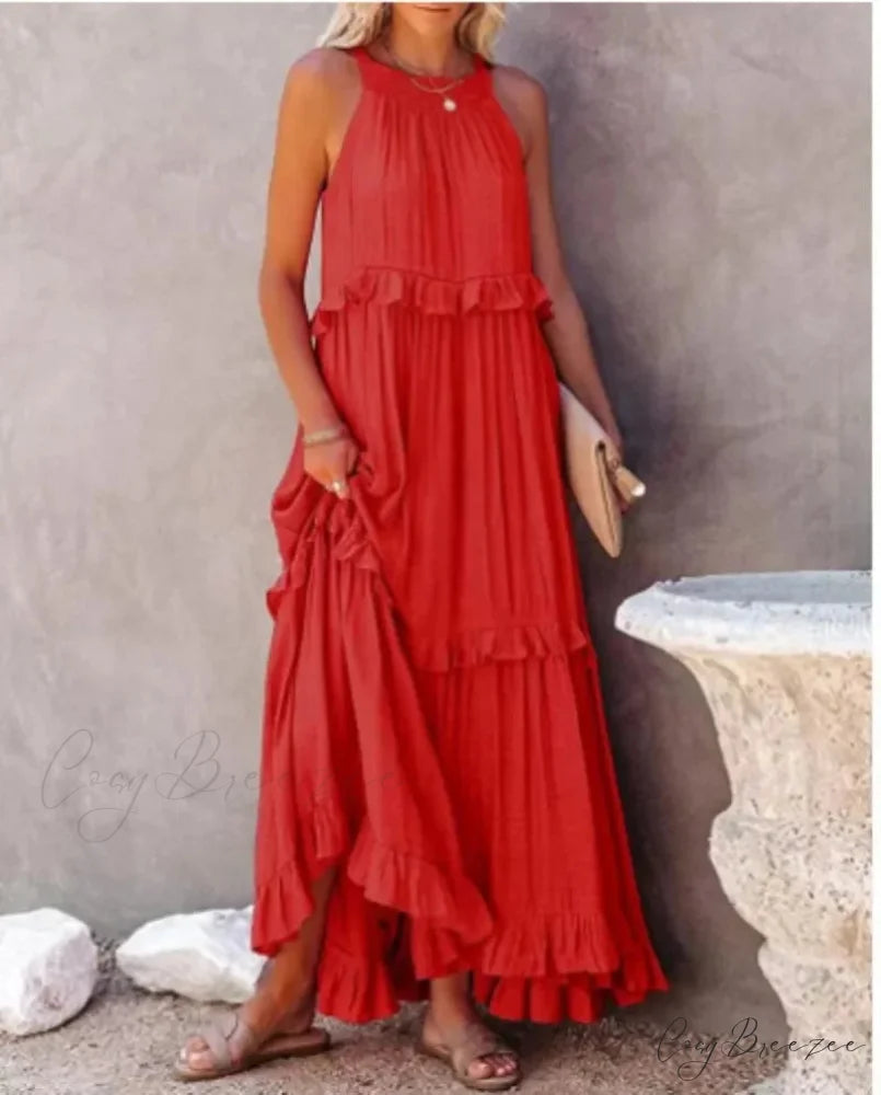 Ruffles Alluring Split Halter Sleeveless Big Hem Maxi Boho Dress bohodress-250126