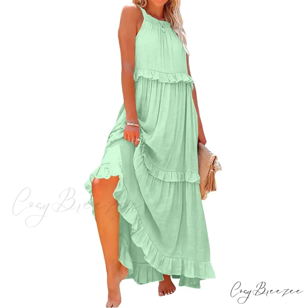 Ruffles Alluring Split Halter Sleeveless Big Hem Maxi Boho Dress green lining / S bohodress-250126