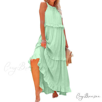 Ruffles Alluring Split Halter Sleeveless Big Hem Maxi Boho Dress green lining / S bohodress-250126