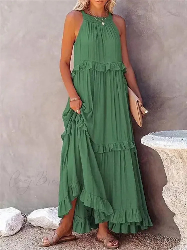 Ruffles Alluring Split Halter Sleeveless Big Hem Maxi Boho Dress Green / S bohodress-250126