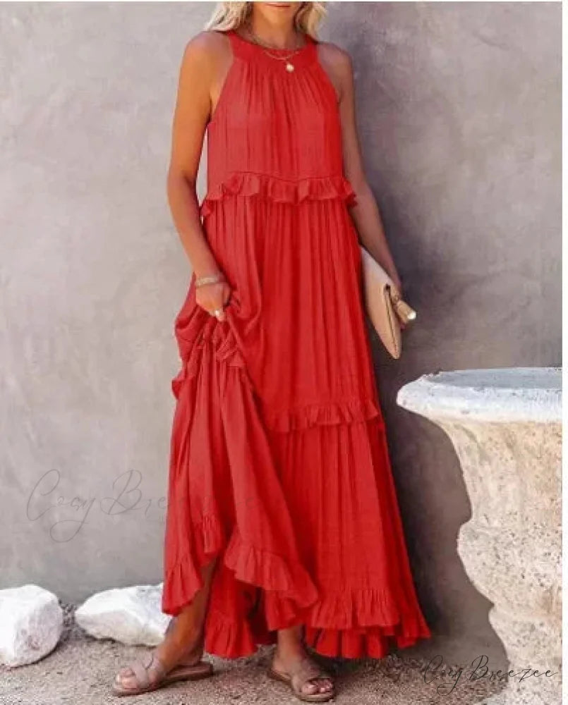 Ruffles Alluring Split Halter Sleeveless Big Hem Maxi Boho Dress Orange lining / S bohodress-250126