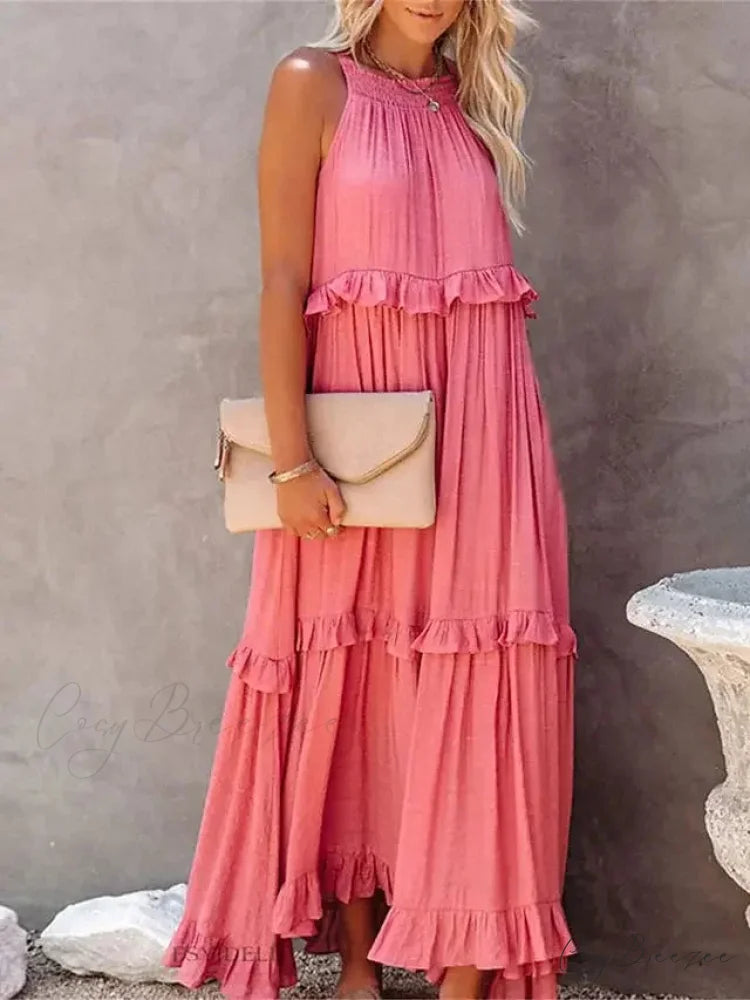 Ruffles Alluring Split Halter Sleeveless Big Hem Maxi Boho Dress Pink / S bohodress-250126