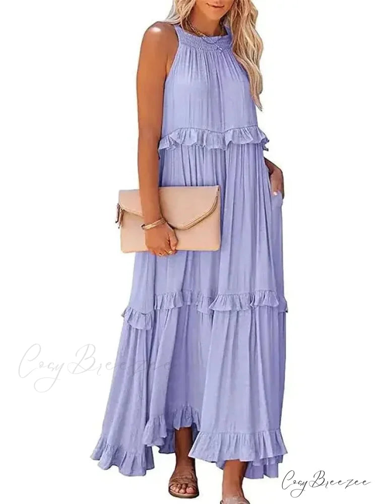 Ruffles Alluring Split Halter Sleeveless Big Hem Maxi Boho Dress Purple lining / S bohodress-250126