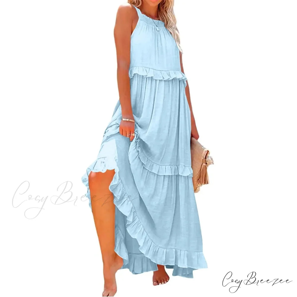 Ruffles Alluring Split Halter Sleeveless Big Hem Maxi Boho Dress Sky lining / S bohodress-250126