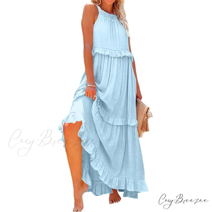 Ruffles Alluring Split Halter Sleeveless Big Hem Maxi Boho Dress Sky lining / S bohodress-250126