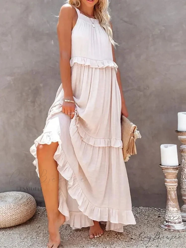 Ruffles Alluring Split Halter Sleeveless Big Hem Maxi Boho Dress White / S bohodress-250126