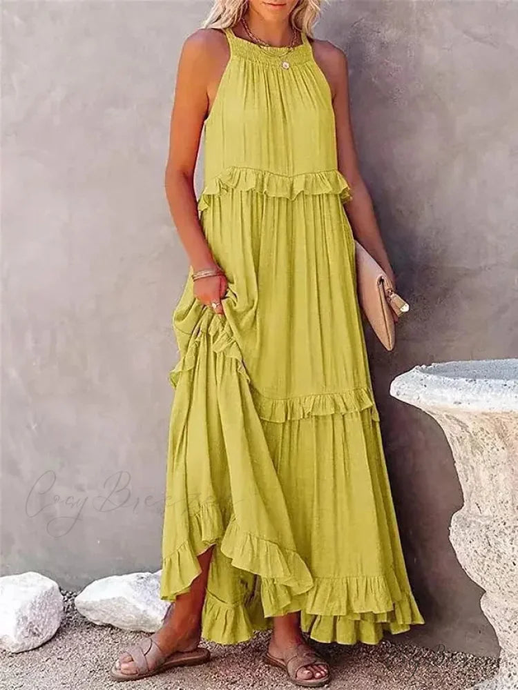 Ruffles Alluring Split Halter Sleeveless Big Hem Maxi Boho Dress Yellow / S bohodress-250126