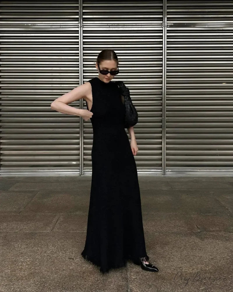 Ruffles Backless Maxi Dress Black / S
