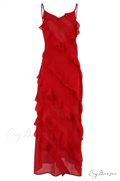 Ruffles Chiffon Maxi Dresses Backless Split Sexy Long Summer Wedding Christmas Party Dress