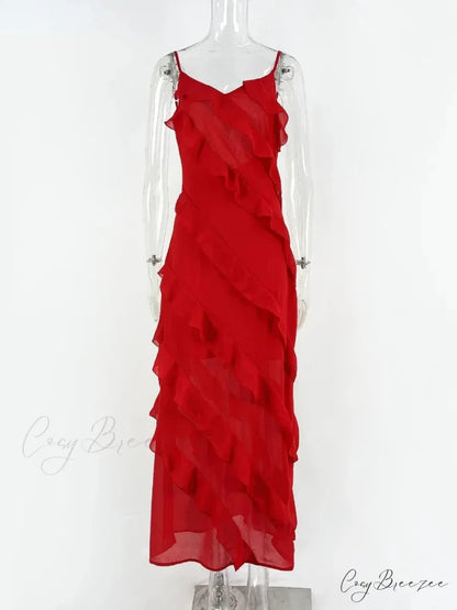Ruffles Chiffon Maxi Dresses Backless Split Sexy Long Summer Wedding Christmas Party Dress