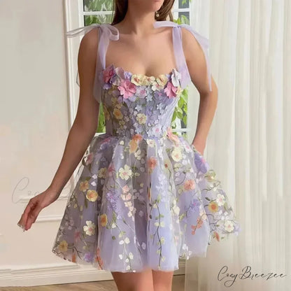 Ruffles Colorful Sling Mini Dress Light Purple / S