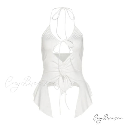 Ruffles Cut Stylish Out Drawstring Top white / S