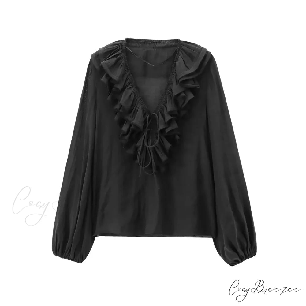 Ruffles Deep V-Neck Lace-Up Loose Oversize Blouse Black / XS bohoblouse-250126