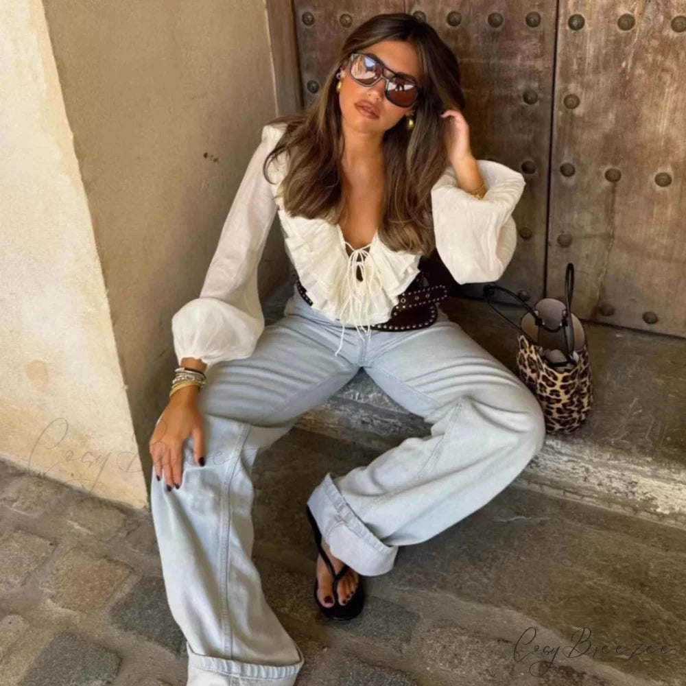 Ruffles Deep V-Neck Lace-Up Loose Oversize Blouse bohoblouse-250126