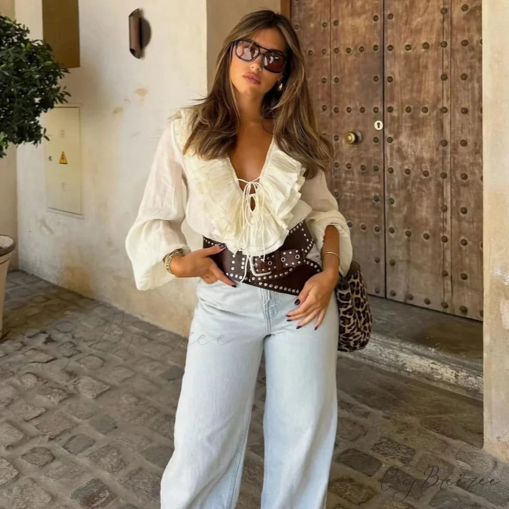 Ruffles Deep V-Neck Lace-Up Loose Oversize Blouse bohoblouse-250126