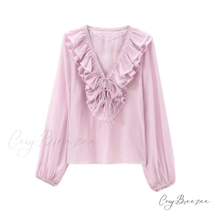Ruffles Deep V-Neck Lace-Up Loose Oversize Blouse Pink / XS bohoblouse-250126