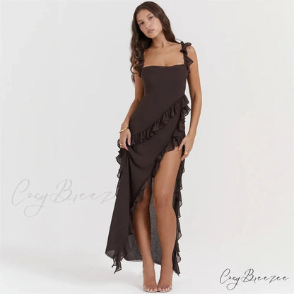 Ruffles Elegant Maxi Dresses Backless Split Sexy Chiffon Long Christmas Christmas Party Dress Claret / S