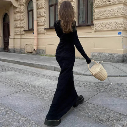Ruffles Frill Round Neck Long Sleeve Maxi Dress
