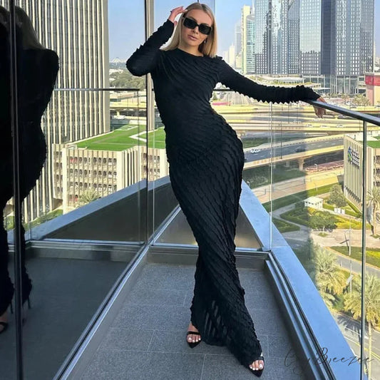 Ruffles Frill Round Neck Long Sleeve Maxi Dress Black / S