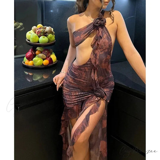 Ruffles Print One Shoulder Hollow Out Mini Backless Sleeveless Flower Matching Ruched Party Women’s Midi Dress