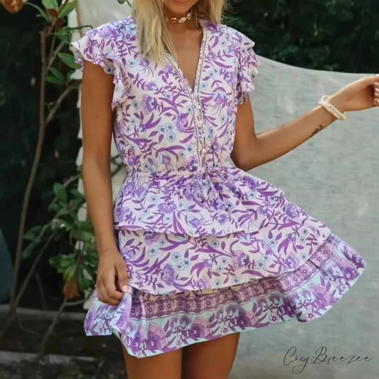 Ruffles Sleeve Floral Beach Boho Mini Dress Purple / S bohodress-250126