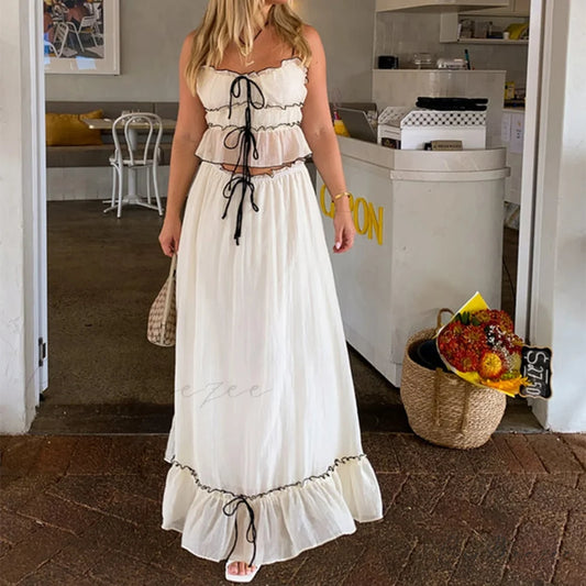 Ruffles Tie-Up Crop Top A-line Maxi Skirt Two Pieces Set WHITE / S twopiecesset-250126