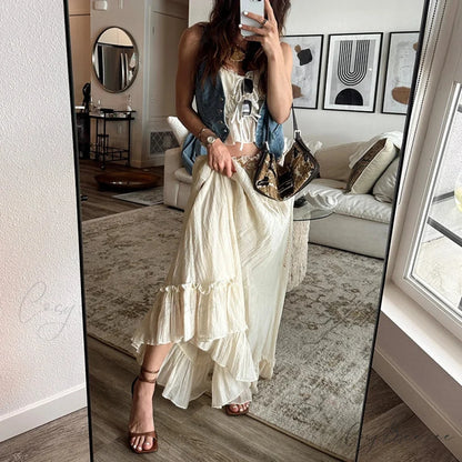 Ruffles Tie-Up Front Camis Crop Top Maxi Skirt Two Pieces Set twopiecesset-250126