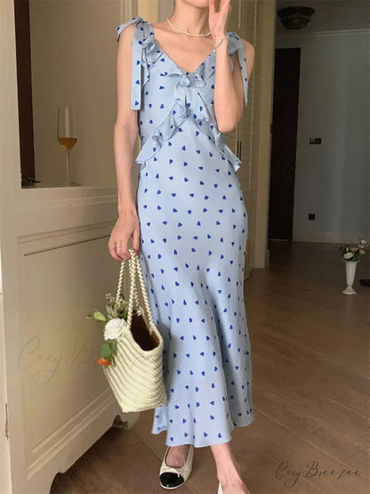 Ruffles V-Neck Chic Sleeveless Party Maxi Dress Blue / S