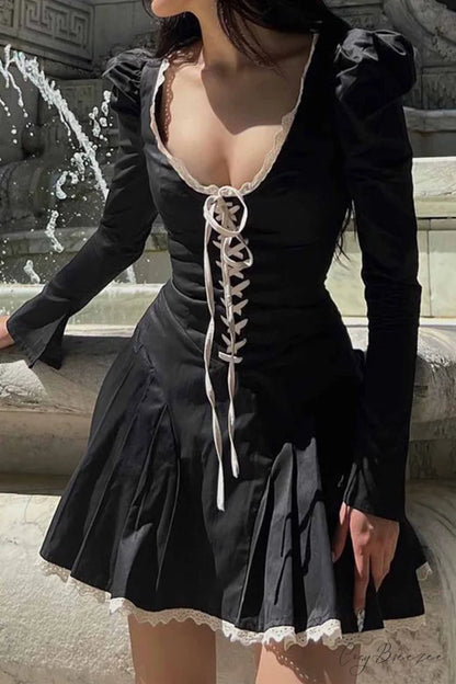 Rushed Lace Up Corset Mini Dress Black / M