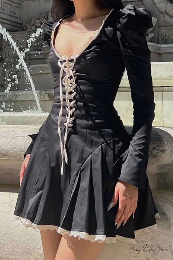 Rushed Lace Up Corset Mini Dress Black / S