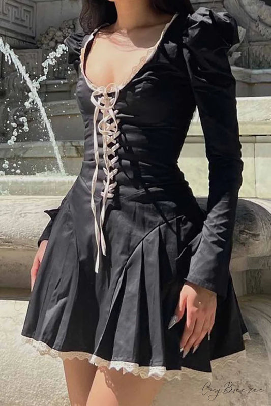 Rushed Lace Up Corset Mini Dress Black / S