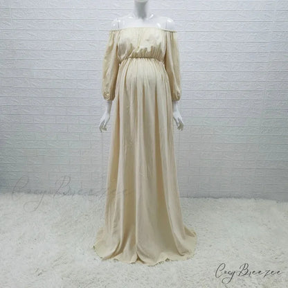 Rust Slash Neck Bohemian Pregnancy Boho Dress Beige / M