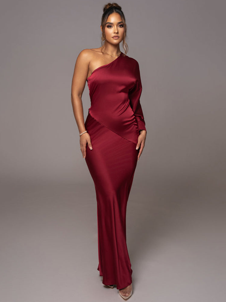 Valerie Satin One Shoulder Sexy Maxi Dress