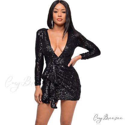 Sadie Formal Long Charming Sleeve Sequin Mini Dress BLACK / S