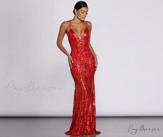 Salma Formal Sequin Charming Scroll Print Dress RED / S