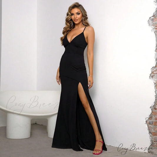 Sasha Formal High Charming Slit Wrap Dress BLACK / S