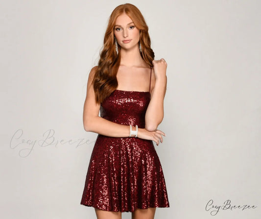 Sassy In Stylish Sequins Skater Dress BURGUNDY / XS