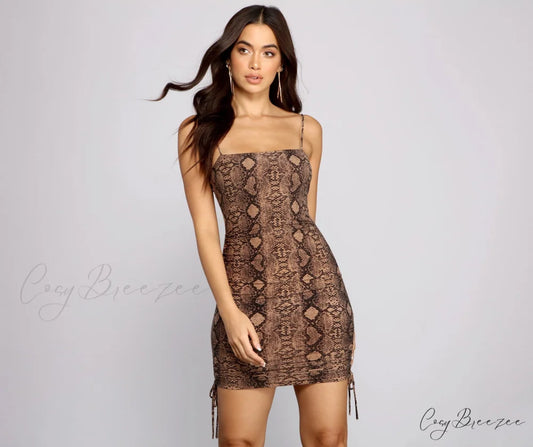 Sassy Snake Print Charming Ruched Mini Dress SNAKE / XS